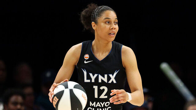 MINNEAPOLIS, MINNESOTA - JUNE 15: Nia Coffey #12 of the Minnesota Lynx dribbles the ball against the Portland Fire in the third quarter at Target Center on June 15, 2026 in Minneapolis, Minnesota. The Lynx defeated the Fire 107-74.