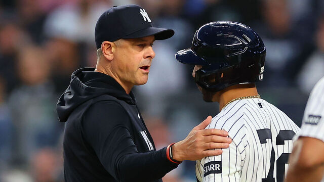 BRONX, NY - JUNE 02: Aaron Boone #17 of the New York Yankees and José Caballero #72 during the game against the Cleveland Guardians on June 2, 2026 at Yankee Stadium in the Bronx borough of New York City.