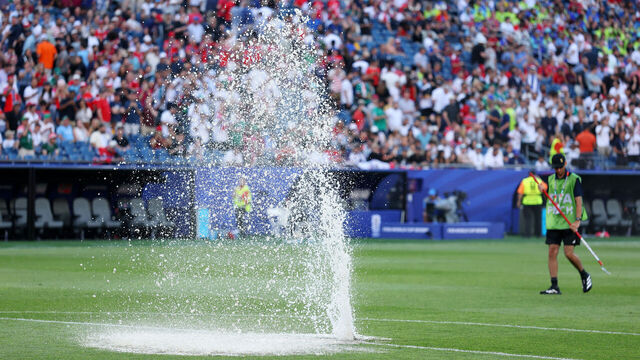 FOXBOROUGH, MASSACHUSETTS - JUNE 16: A sprinkler malfunctions during the half time break in the FIFA World Cup 2026 Group I match between Iraq and Norway at Boston Stadium on June 16, 2026 in Foxborough, Massachusetts.