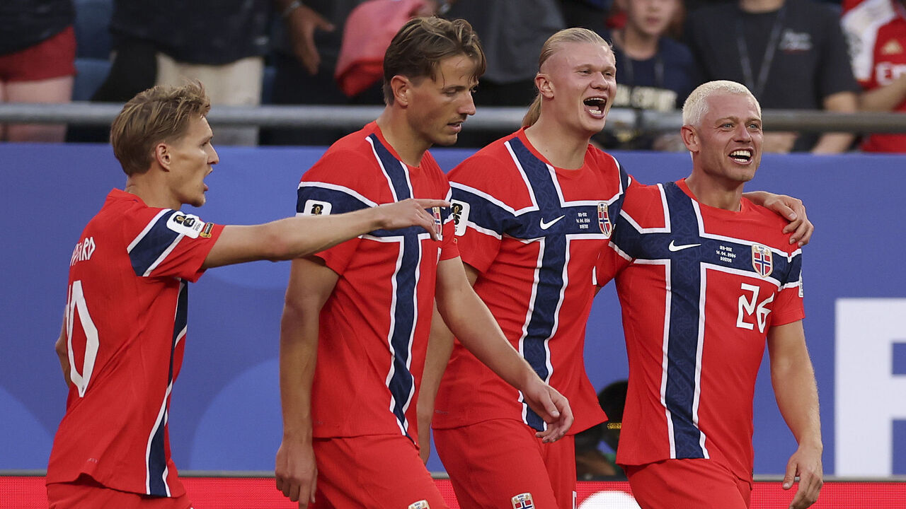 FOXBOROUGH, MASSACHUSETTS - JUNE 16: Erling Haaland #9 and Julian Ryerson #26 of Norway celebrate the team's third goal by Leo Ostigard #4 during the FIFA World Cup 2026 Group I match between Iraq and Norway at Boston Stadium on June 16, 2026 in Foxborough, Massachusetts.