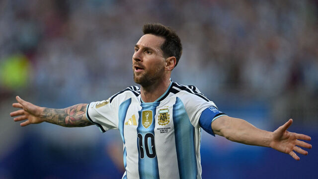 Argentina's forward #10 Lionel Messi celebrates scoring his team's first goal during the 2026 World Cup Group J football match between Argentina and Algeria at the Kansas City Stadium in Kansas City on June 16, 2026.