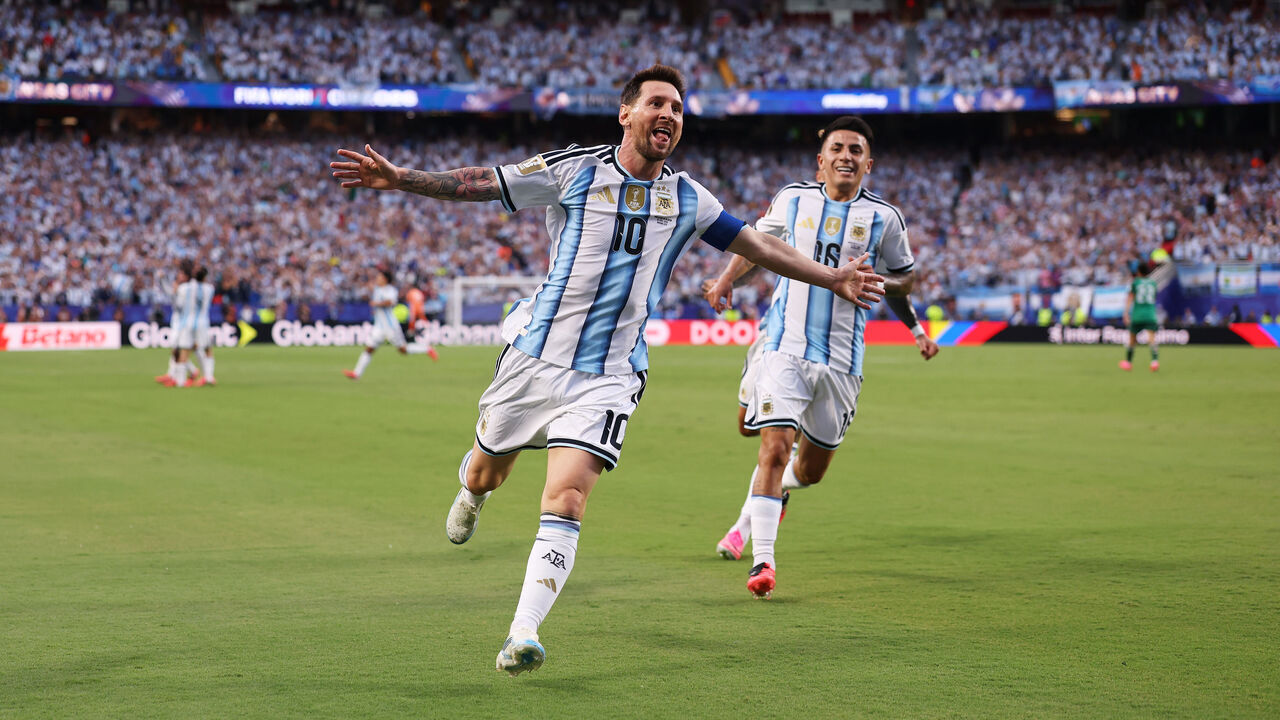 KANSAS CITY, MISSOURI - JUNE 16: Lionel Messi #10 of Argentina celebrates scoring his team's first goal during the FIFA World Cup 2026 Group J match between Argentina and Algeria at Kansas City Stadium on June 16, 2026 in Kansas City, Missouri.