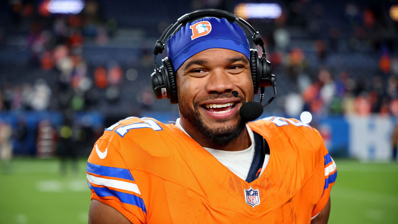 DENVER, COLORADO - NOVEMBER 06: J.K. Dobbins #27 of the Denver Broncos celebrates after defeating the Las Vegas Raiders in the game at Empower Field At Mile High on November 06, 2025 in Denver, Colorado.