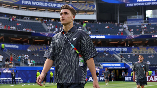 LOS ANGELES, CALIFORNIA - JUNE 15: Tyler Bindon #4 of New Zealand inspects the pitch before the FIFA World Cup 2026 Group G match between IR Iran and New Zealand at Los Angeles Stadium on June 15, 2026 in Los Angeles, California.
