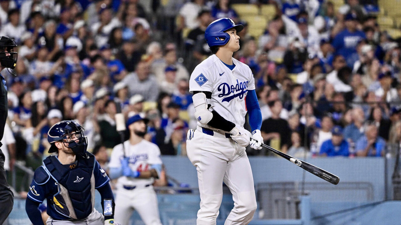 Los Angeles, CA - June 16: Shohei Ohtani #17 of the Los Angeles Dodgers watches his solo home run against the Tampa Bay Rays in the sixth inning of a baseball game at Dodger Stadium in Los Angeles on Tuesday, June 16, 2026.