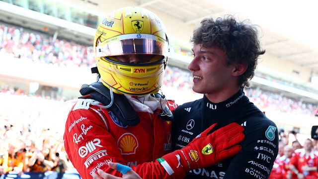 BARCELONA, SPAIN - JUNE 14: Race winner Lewis Hamilton of Great Britain and Scuderia Ferrari is congratulated by Andrea Kimi Antonelli of Italy and Mercedes AMG Petronas F1 Team in parc ferme during the F1 Grand Prix of Barcelona-Catalunya at Circuit de Barcelona-Catalunya on June 14, 2026 in Barcelona, Spain.