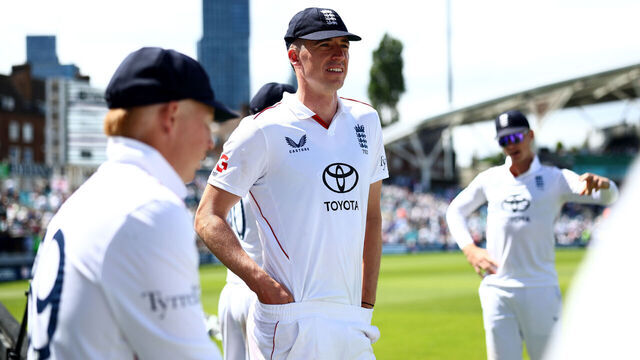 LONDON, ENGLAND - JUNE 17: Matthew Fisher of England looks on during day one of The 2nd Rothesay Test Match between England and New Zealand at The Kia Oval on June 17, 2026 in London, England.