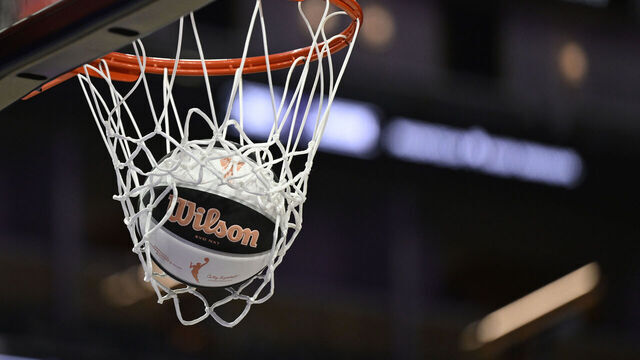 SAN FRANCISCO, CALIFORNIA - JUNE 15: The Wilson and WNBA logos are seen on a ball before the Golden State Valkyries play the Los Angeles Sparks in a Commissioner's Cup game at Chase Center on June 15, 2026 in San Francisco, California.