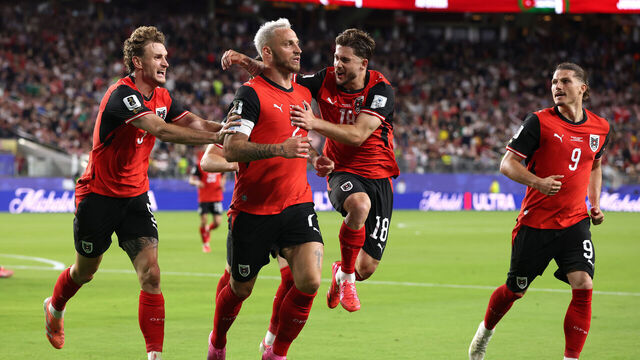 SANTA CLARA, CALIFORNIA - JUNE 16: Marko Arnautovic #7 of Austria celebrates after scoring his team's second goal later disallowed due to the handball of Stefan Posch #5 during the FIFA World Cup 2026 Group J match between Austria and Jordan at San Francisco Bay Area Stadium on June 16, 2026 in Santa Clara, California.