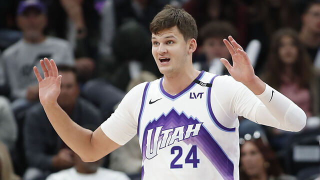 SALT LAKE CITY, UT - OCTOBER 16: Walker Kessler #24 of the Utah Jazz reacts to an officials call during the first half of the preseason game against the Portland Trail Blazers at the Delta Center on October 16, 2025 in Salt Lake City, Utah. NOTE TO USER: User expressly acknowledges and agrees that, by downloading and/or using this Photograph, user is consenting to the terms and conditions of the Getty Images License Agreement.