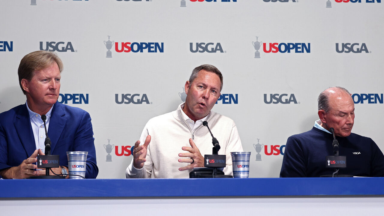 SOUTHAMPTON, NEW YORK - JUNE 17: Mike Whan, USGA CEO, John Bodenhamer, Chief Championships Officer, and Kevin Hammer, USGA President, speak to the media during a press conference prior to the 126th U.S. OPEN at Shinnecock Hills Golf Club on June 17, 2026 in Southampton, New York.