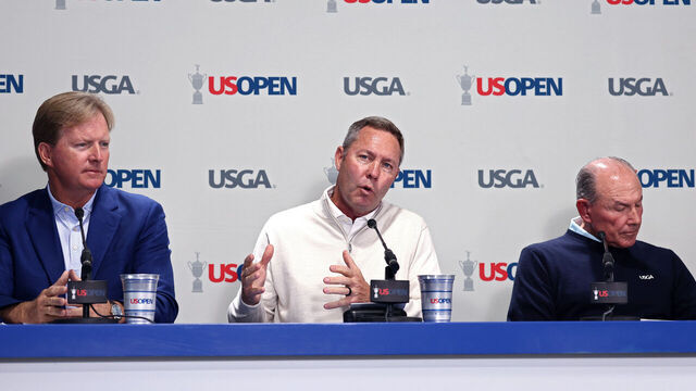 SOUTHAMPTON, NEW YORK - JUNE 17: Mike Whan, USGA CEO, John Bodenhamer, Chief Championships Officer, and Kevin Hammer, USGA President, speak to the media during a press conference prior to the 126th U.S. OPEN at Shinnecock Hills Golf Club on June 17, 2026 in Southampton, New York.