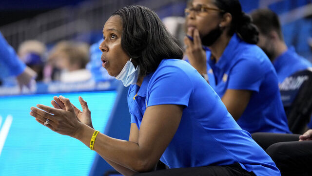 Westwood, CA - January 20: Associate Head Coach Shannon LeBeauf of the UCLA Bruins against the USC Trojans in the first half of a NCAA basketball game at Pauley Pavilion in Westwood on Thursday, January 20, 2022.