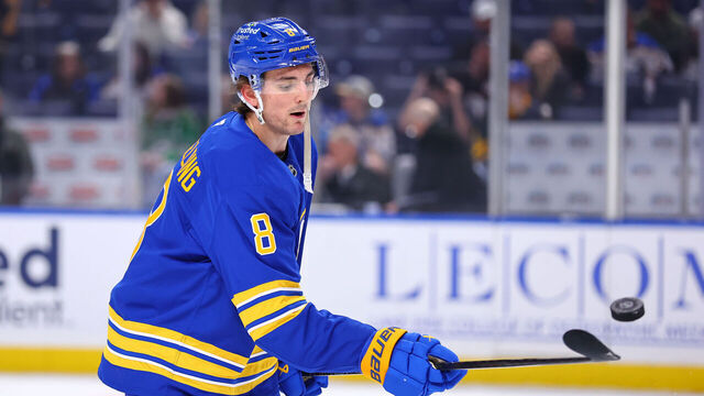 BUFFALO, NEW YORK - APRIL 15: Michael Kesselring #8 of the Buffalo Sabres warms up prior to an NHL game against the Dallas Stars on April 15, 2026 at KeyBank Center in Buffalo, New York.