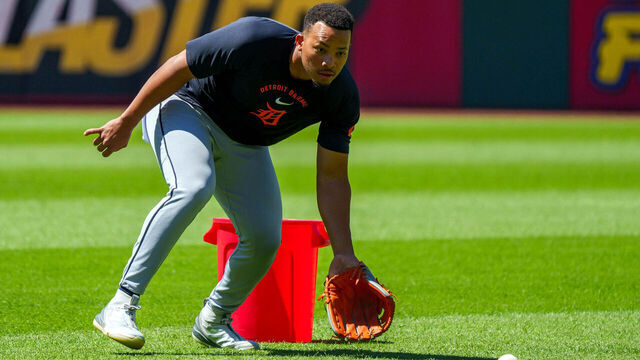 CLEVELAND, OH - JUNE 12: Wenceel Pérez #46 of the Detroit Tigers warms up prior to the game between the Detroit Tigers and the Cleveland Guardians at Progressive Field on Friday, June 12, 2026 in Cleveland, Ohio.
