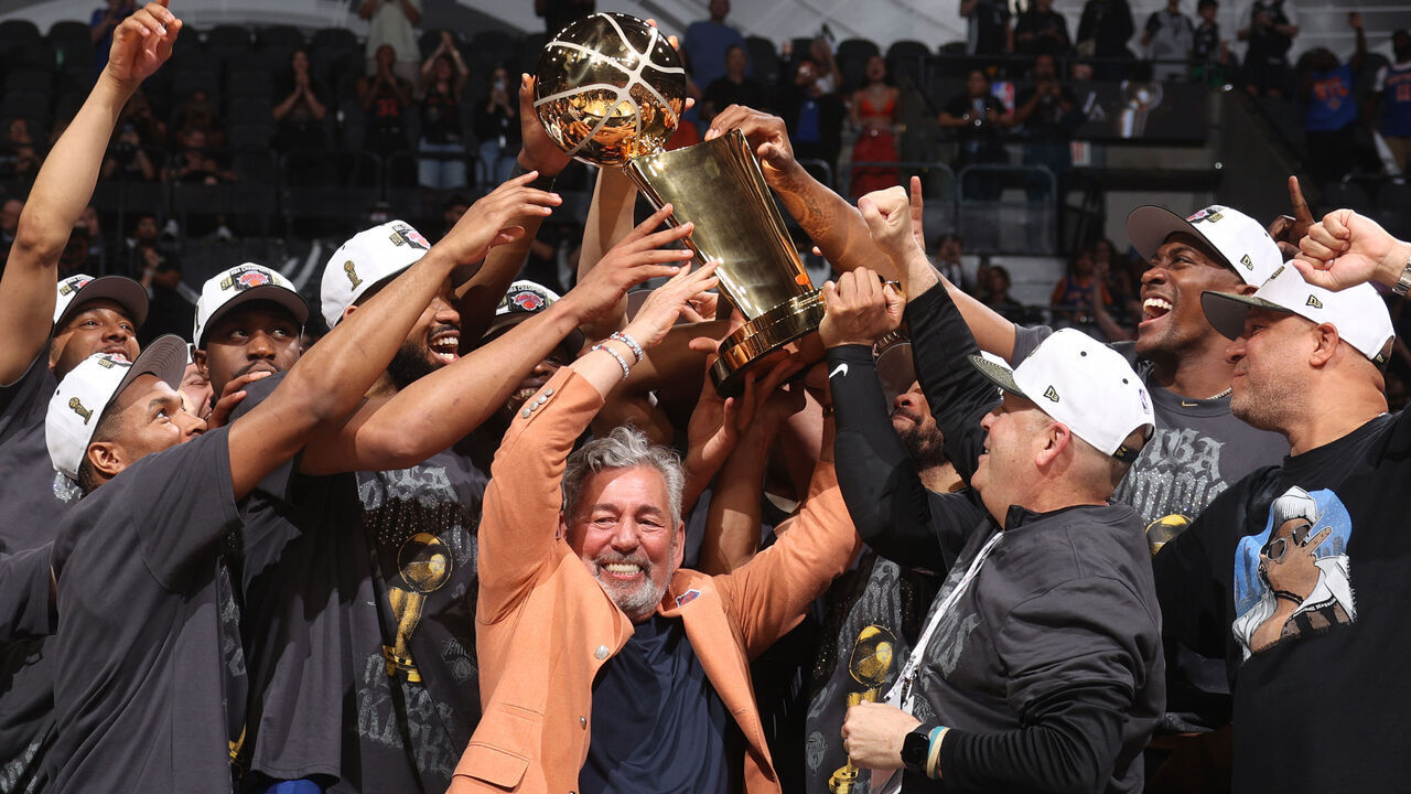 SAN ANTONIO, TX - JUNE 13: New York Knicks Owner James Dolan and the New York Knicks raise the Larry O'Brien Championship Trophy after winning the NBA Finals against the San Antonio Spurs during Game Five of the 2026 NBA Finals on June 13, 2026 at Frost Bank Center in San Antonio, Texas. Mandatory Copyright Notice: Copyright 2026 NBAE