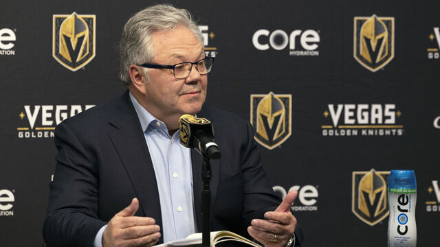 LAS VEGAS, NEVADA - MARCH 06: General manager Kelly McCrimmon of the Vegas Golden Knights speaks during a news conference before the team's game against the Minnesota Wild at T-Mobile Arena on March 06, 2026 in Las Vegas, Nevada.