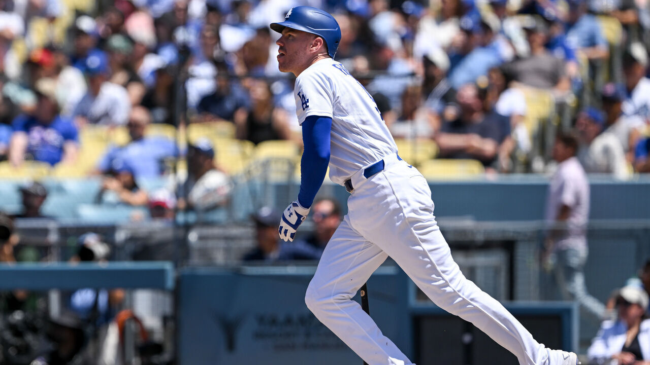 Los Angeles, CA - June 17:Dodgers Freddie Freeman (5) watches his ball go over the fence for a two-run homer during sixth inning action at Dodger Stadium on Wednesday, June 17, 2026. The LA Dodgers defeated the Tampa Bay Rays 5-4.