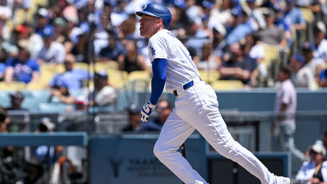 Los Angeles, CA - June 17:Dodgers Freddie Freeman (5) watches his ball go over the fence for a two-run homer during sixth inning action at Dodger Stadium on Wednesday, June 17, 2026. The LA Dodgers defeated the Tampa Bay Rays 5-4.