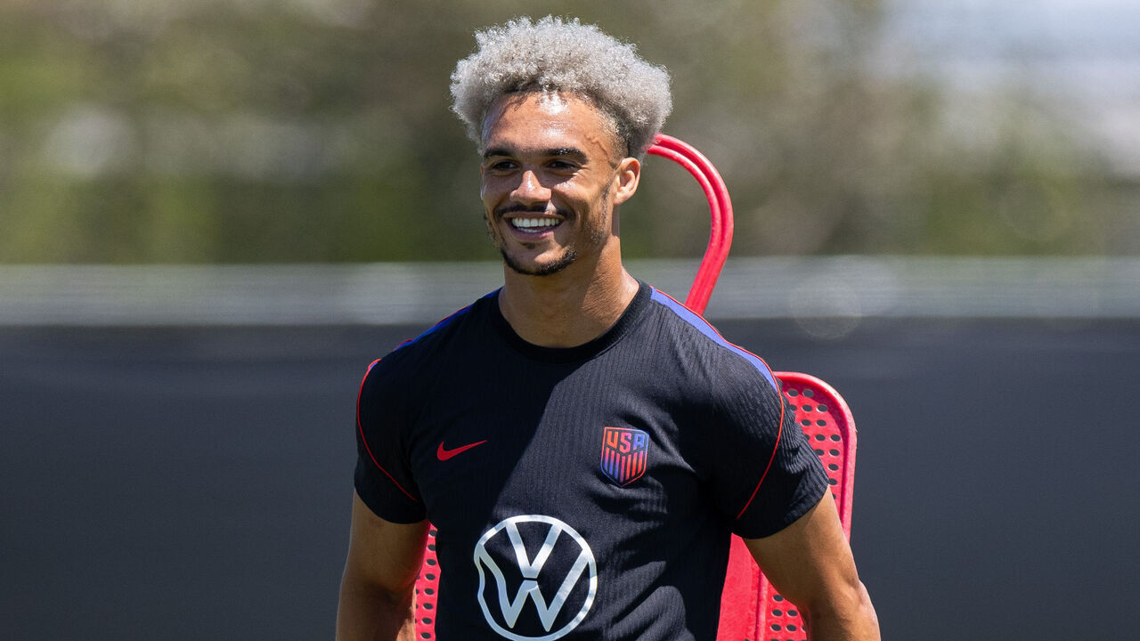 IRVINE, CALIFORNIA - JUNE 15: Antonee Robinson of the United States warm ups on June 15, 2026 in Irvine, California.
