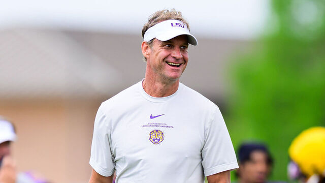 BATON ROUGE, LOUISIANA - APRIL 14: Head coach Lane Kiffin of the LSU Tigers smiling during spring practice at the LSU Football Operations Center on April 14, 2026 in Baton Rouge, Louisiana. (Photo by Gus Stark/University Images via Getty Images}