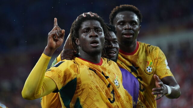 TORONTO, CANADA - JUNE 17: Caleb Yirenkyi (3) of Ghana celebrates after scoring a goal during 2026 FIFA World Cup First Stage Group L match between Ghana and Panama at Toronto Stadium (BMO Field) in Toronto, Ontario, Canada on June 17, 2026.
