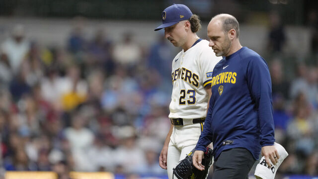 MILWAUKEE, WISCONSIN - JUNE 17: Brandon Sproat #23 of the Milwaukee Brewers walks off the field after an apparent injury during the fourth inning against the Cleveland Guardians at American Family Field on June 17, 2026 in Milwaukee, Wisconsin.