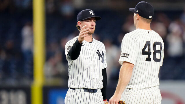 NEW YORK, NY - JUNE 17: Ryan McMahon #19 and Paul Goldschmidt #48 of the New York Yankees celebrate after winning the game between the Chicago White Sox and the New York Yankees at Yankee Stadium on Wednesday, June 17, 2026 in New York, New York.