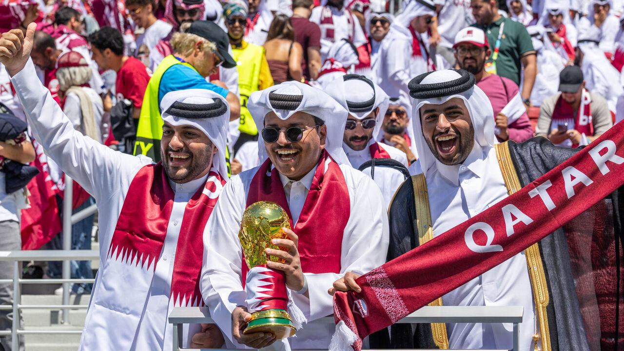 SANTA CLARA, CALIFORNIA - JUNE 13: Qatar fans celebrate before the FIFA World Cup 2026 Group B match between Qatar and Switzerland at San Francisco Bay Area Stadium on June 13, 2026 in Santa Clara, California.