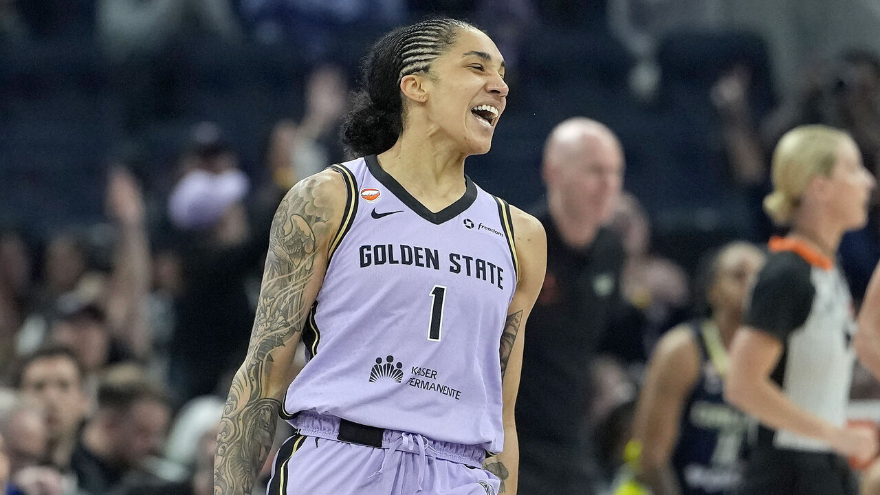 SAN FRANCISCO, CALIFORNIA - JUNE 17: Gabby Williams #1 of the Golden State Valkyries reacts after making a three-point shot against the Dallas Wings in the first half during a WNBA Commissioner's Cup game at Chase Center on June 17, 2026 in San Francisco, California.