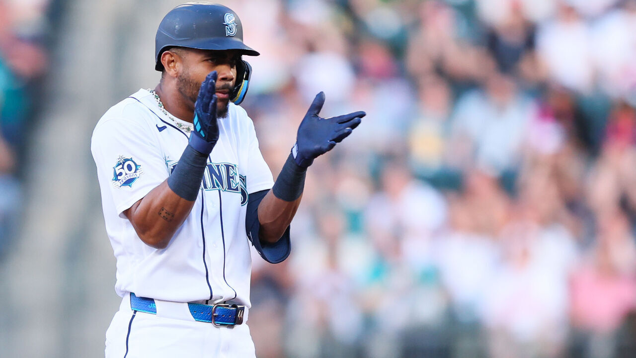 SEATTLE, WASHINGTON - JUNE 17: Julio Rodríguez #44 of the Seattle Mariners reacts after hitting a double in the fourth inning against the Baltimore Orioles at T-Mobile Park on June 17, 2026 in Seattle, Washington.
