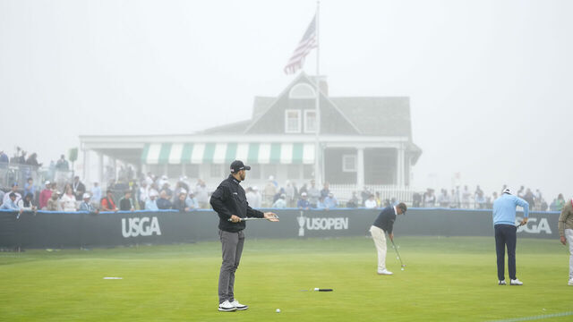 SOUTHAMPTON, NEW YORK - JUNE 18: Patrick Rodgers on the putting practice area during a weather delay during the first round of 126th U.S. Open Championship at Shinnecock Hills Golf Club on June 18, 2026 in Southampton, New York.