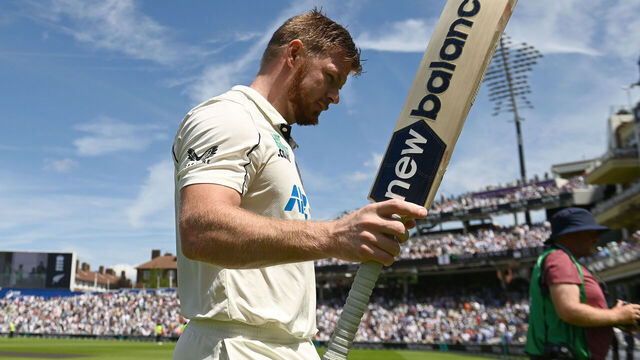 LONDON, ENGLAND - JUNE 18: Glenn Phillips of New Zealand leaves the field after being dismissed for 100 runs during the second day of the 2nd Rothesay Test match between England and New Zealand at The Kia Oval on June 18, 2026 in London, England.