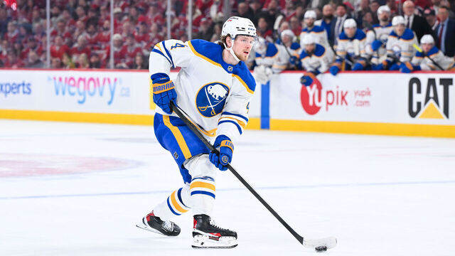 MONTREAL, CANADA - MAY 10: Bowen Byram #4 of the Buffalo Sabres handles the puck during the third period against the Montréal Canadiens in Game Three of the Second Round of the 2026 Stanley Cup Playoffs at the Bell Centre on May 10, 2026 in Montreal, Quebec, Canada.