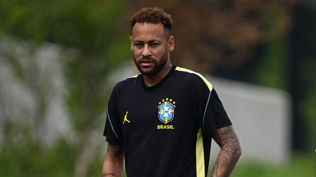 Brazil's forward #10 Neymar takes part in an MD-1 training session at Columbia Park Training Facility in Morristown, New jersey, on June 18, 2026, on the eve of the World Cup 2026 Group C football match between Brazil and Haiti.