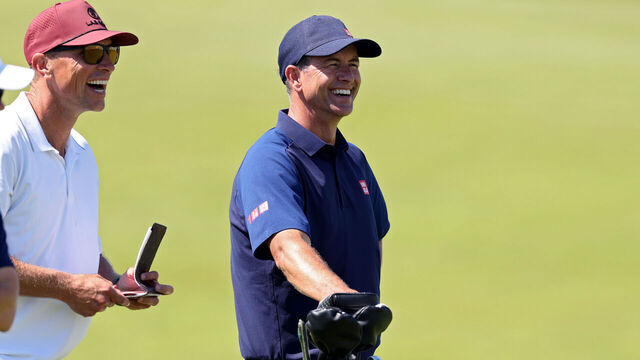 SOUTHAMPTON, NEW YORK - JUNE 17: Adam Scott of Australia smiles during a practice round prior to the 126th U.S. OPEN at Shinnecock Hills Golf Club on June 17, 2026 in Southampton, New York.