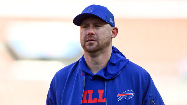 CLEVELAND, OHIO - DECEMBER 21: Offensive coordinator Joe Brady of the Buffalo Bills looks on prior to a game against the Cleveland Browns at Huntington Bank Field on December 21, 2025 in Cleveland, Ohio.