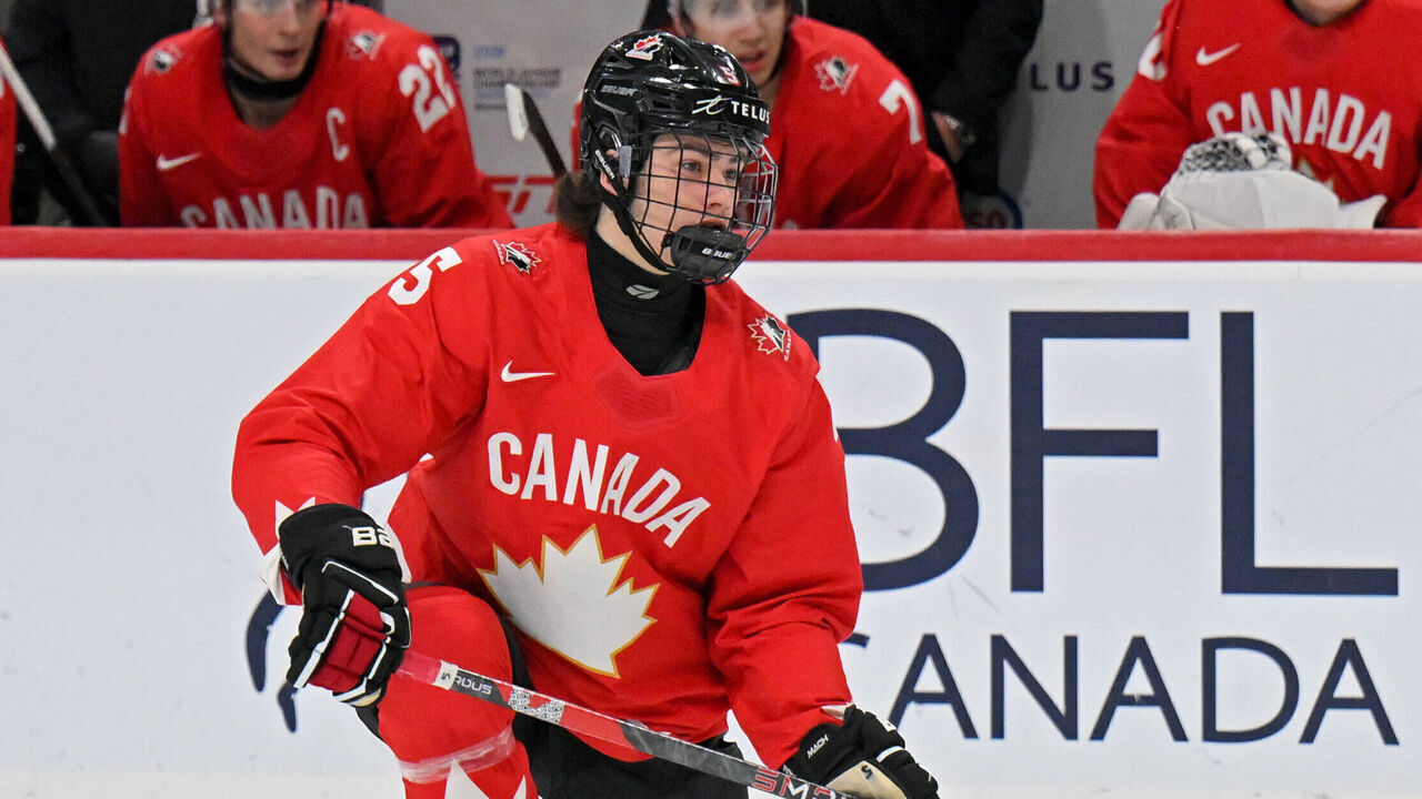 ST PAUL, MINNESOTA - JANUARY 4: Carson Carels #5 of Canada shoots the puck against Czechia in the second period of a semifinal game during the IIHF World Junior Hockey Championship at Grand Casino Arena on January 04, 2026 in St Paul, Minnesota.