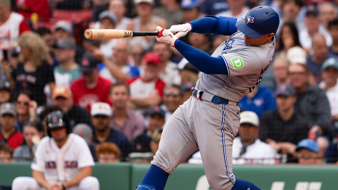 BOSTON, MA - JUNE 18: Brandon Valenzuela #59 of the Toronto Blue Jays hits a single in the second inning during the game between the Toronto Blue Jays and the Boston Red Sox at Fenway Park on Thursday, June 18, 2026 in Boston, Massachusetts.