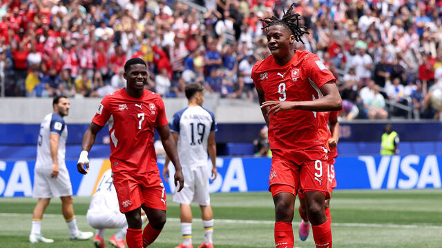 INGLEWOOD, CALIFORNIA - JUNE 18: Johan Manzambi #9 of Switzerland celebrates scoring his team's first goal during the FIFA World Cup 2026 Group B match between Switzerland and Bosnia and Herzegovina at Los Angeles Stadium on June 18, 2026 in Inglewood, California.