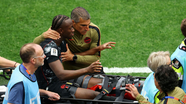 VANCOUVER, BRITISH COLUMBIA - JUNE 18: Ismael Kone #8 of Canada consoled as he is stretched off after being fouled by Assim Madibo #23 of Qatar during the FIFA World Cup 2026 Group B match between Canada and Qatar at BC Place Vancouver on June 18, 2026 in Vancouver, British Columbia.