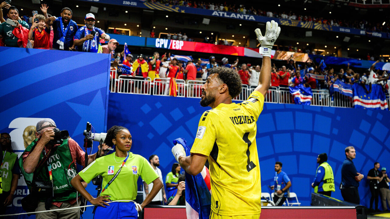 ATLANTA, GEORGIA - JUNE 15: Vozinha of Cabo Verde shows appreciation to the fans after the FIFA World Cup 2026 Group H match between Spain and Cabo Verde at Atlanta Stadium on June 15, 2026 in Atlanta, Georgia.