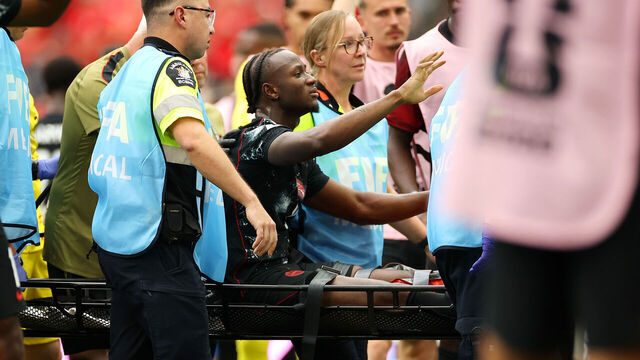VANCOUVER, BRITISH COLUMBIA - JUNE 18: Ismael Kone #8 of Canada is stretched off after being fouled by Assim Madibo #23 of Qatar during the FIFA World Cup 2026 Group B match between Canada and Qatar at BC Place Vancouver on June 18, 2026 in Vancouver, British Columbia.
