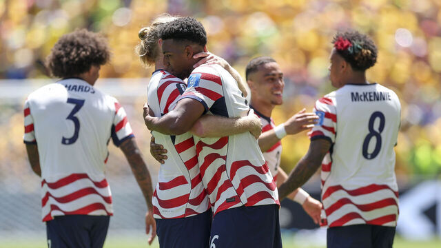 SEATTLE, WASHINGTON - JUNE 19: Alex Freeman #16 of the United States celebrates with teammates after scoring his team's second goal during the FIFA World Cup 2026 Group D match between USA and Australia at Seattle Stadium on June 19, 2026 in Seattle, Washington.