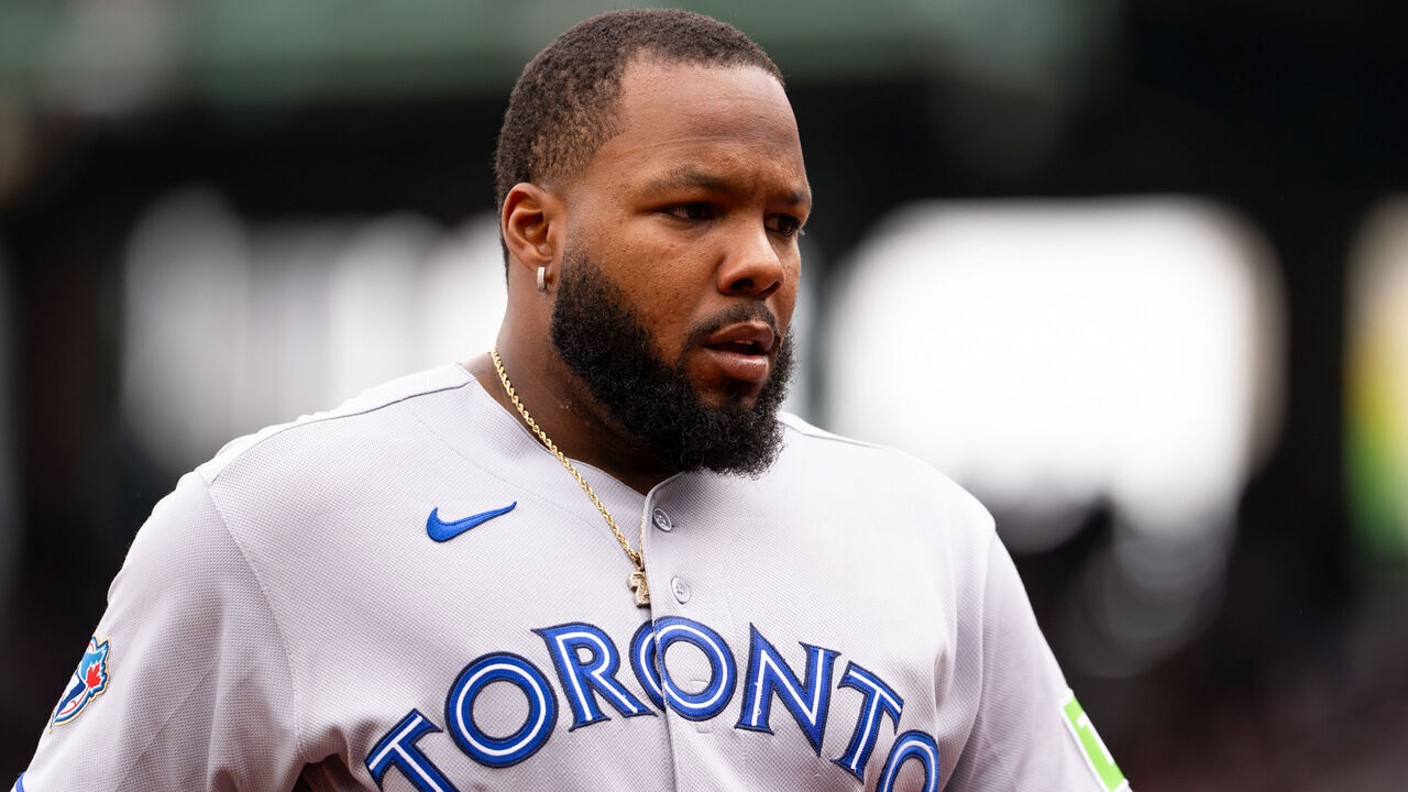 BOSTON, MA - JUNE 18: Vladimir Guerrero Jr. #27 of the Toronto Blue Jays walks back to the dugout in the fifth inning during the game between the Toronto Blue Jays and the Boston Red Sox at Fenway Park on Thursday, June 18, 2026 in Boston, Massachusetts.