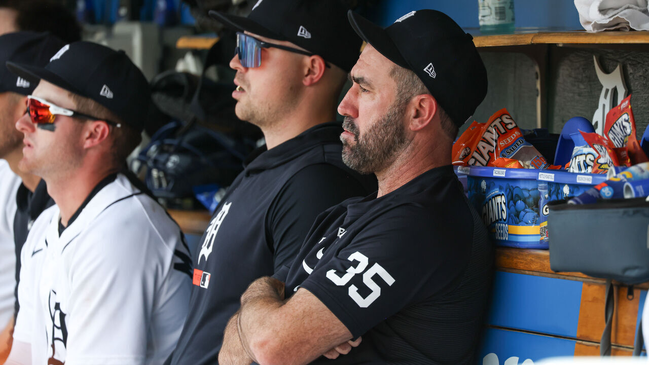 DETROIT, MI - JUNE 11: Detroit Tigers pitcher Justin Verlander (35), right, looks on from the dugout during a regular season Major League Baseball game between the Minnesota Twins and the Detroit Tigers on June 11, 2026 at Comerica Park in Detroit, Michigan.