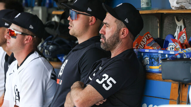 DETROIT, MI - JUNE 11: Detroit Tigers pitcher Justin Verlander (35), right, looks on from the dugout during a regular season Major League Baseball game between the Minnesota Twins and the Detroit Tigers on June 11, 2026 at Comerica Park in Detroit, Michigan.