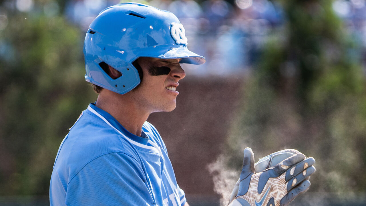 CHAPEL HILL, NORTH CAROLINA - JUNE 06: Outfielder Owen Hull #8 of the University of North Carolina Tar Heels celebrates after reaching third base during the seventh inning of the game against the University of Southern California Trojans at Boshamer Stadium on June 06, 2026 in Chapel Hill, North Carolina.