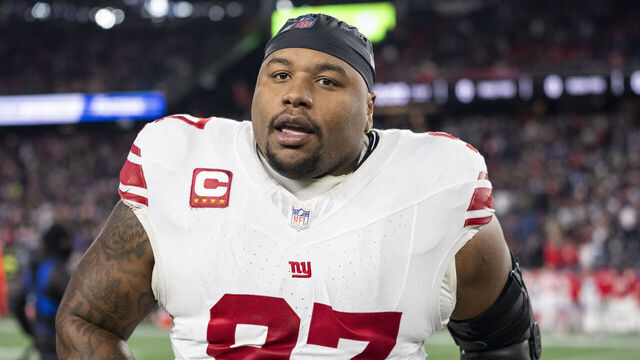 FOXBOROUGH, MASSACHUSETTS - DECEMBER 1: Dexter Lawrence II #97 of the New York Giants runs prior to an NFL football game against the New England Patriots at Gillette Stadium on December 01, 2025 in Foxborough, Massachusetts.