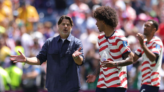 SEATTLE, WASHINGTON - JUNE 19: Mauricio Pochettino, Head Coach of the United States, congratulates Chris Richards #3 after the team's 2-0 victory in the FIFA World Cup 2026 Group D match between USA and Australia at Seattle Stadium on June 19, 2026 in Seattle, Washington.